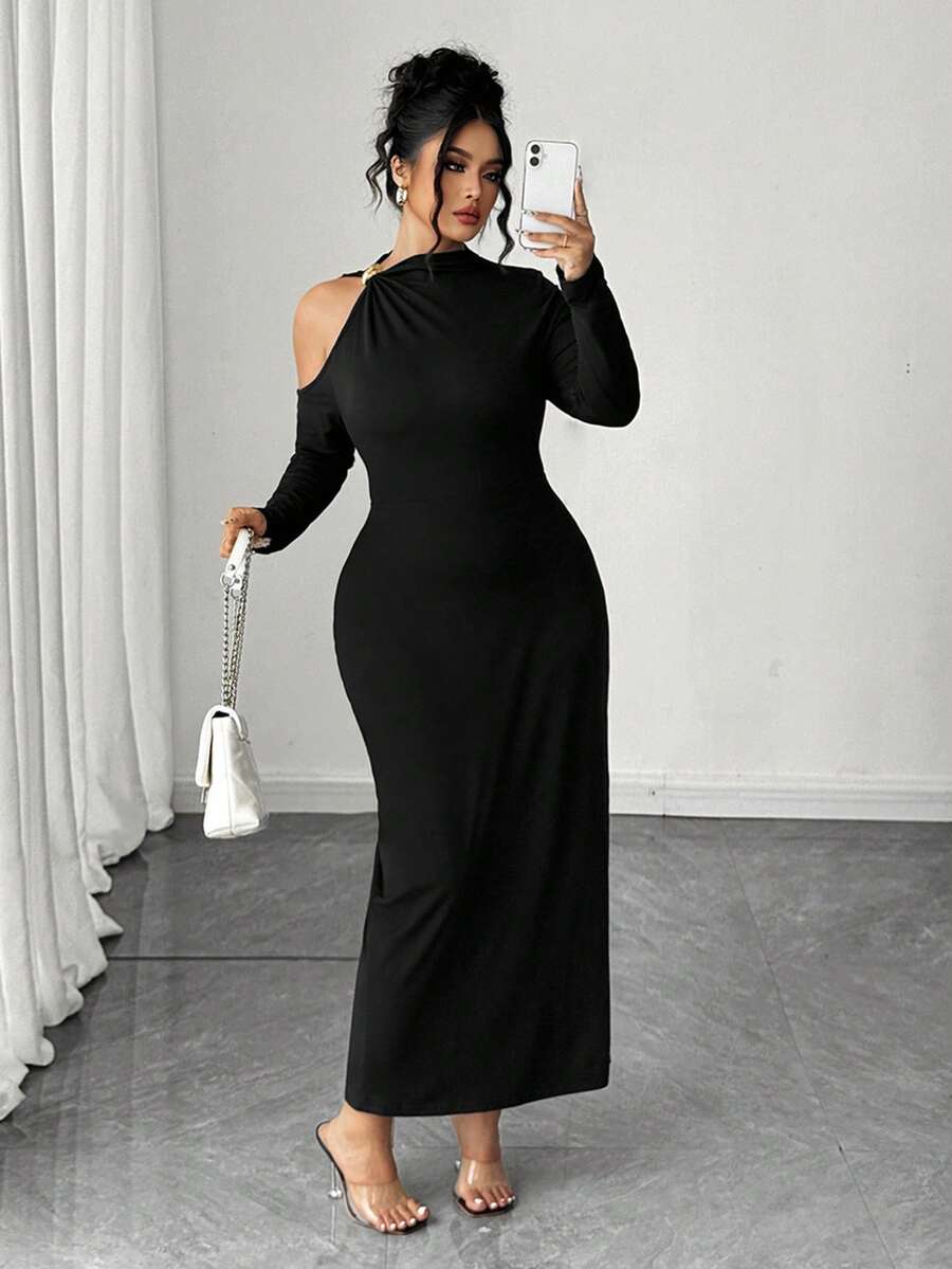 Elenzga 大码女士优雅连衣裙，设计精致 - 黑色 - 查看 1