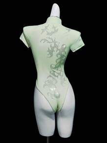 SHEIN ICON 女士绿色水钻装饰前后镂空高领紧身衣 - 黑色 - 查看 2