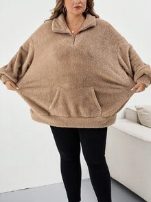 SHEIN CURVE+ 大码女式休闲时尚蓬松长袖运动衫 - 駝色 - 查看 3