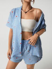 SHEIN ICON 2 件女士蓝色条纹心形印花两件套日常穿搭 - 藍色 - 查看 4