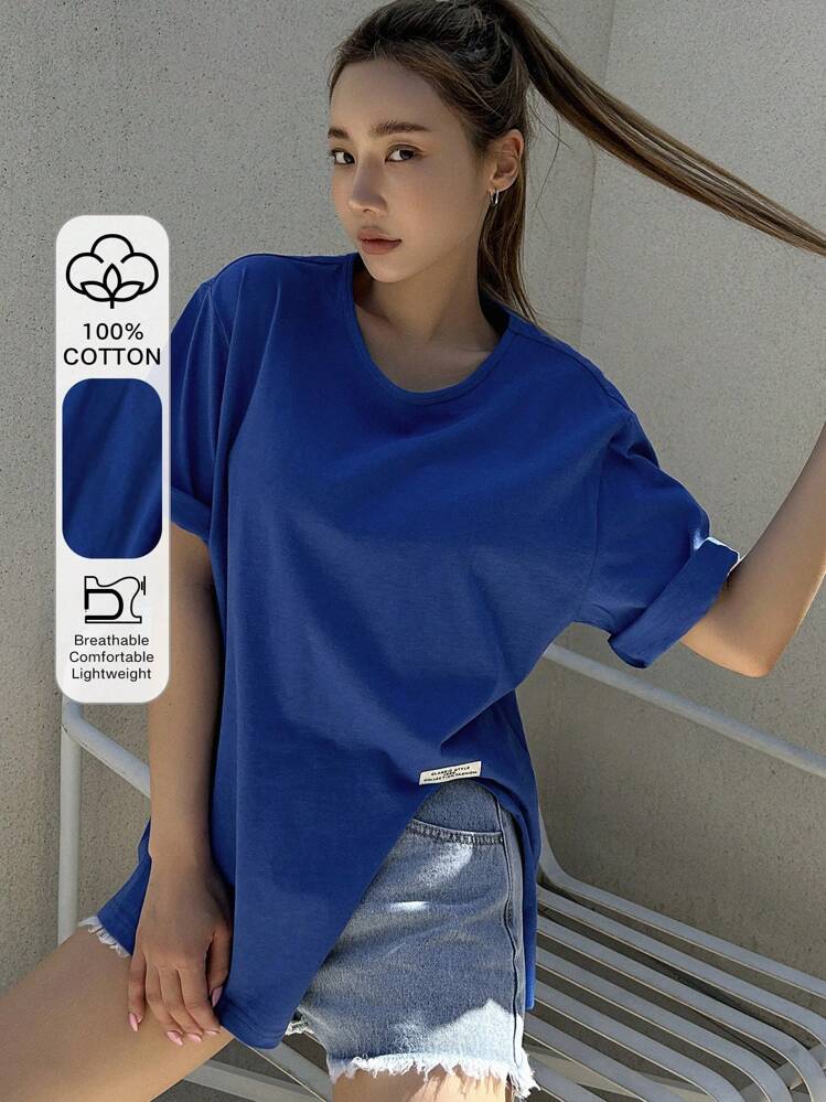 DAZY Camiseta oversize con parche de letra y dobladillo dividido - Azul - Ver 1