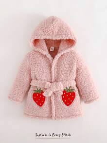 Cozy Pixies Baby Girl Thickened Knitted Strawberry Pattern Hooded Long Sleeve Tie-Waist Robe Fall Winter - Pink - View 1