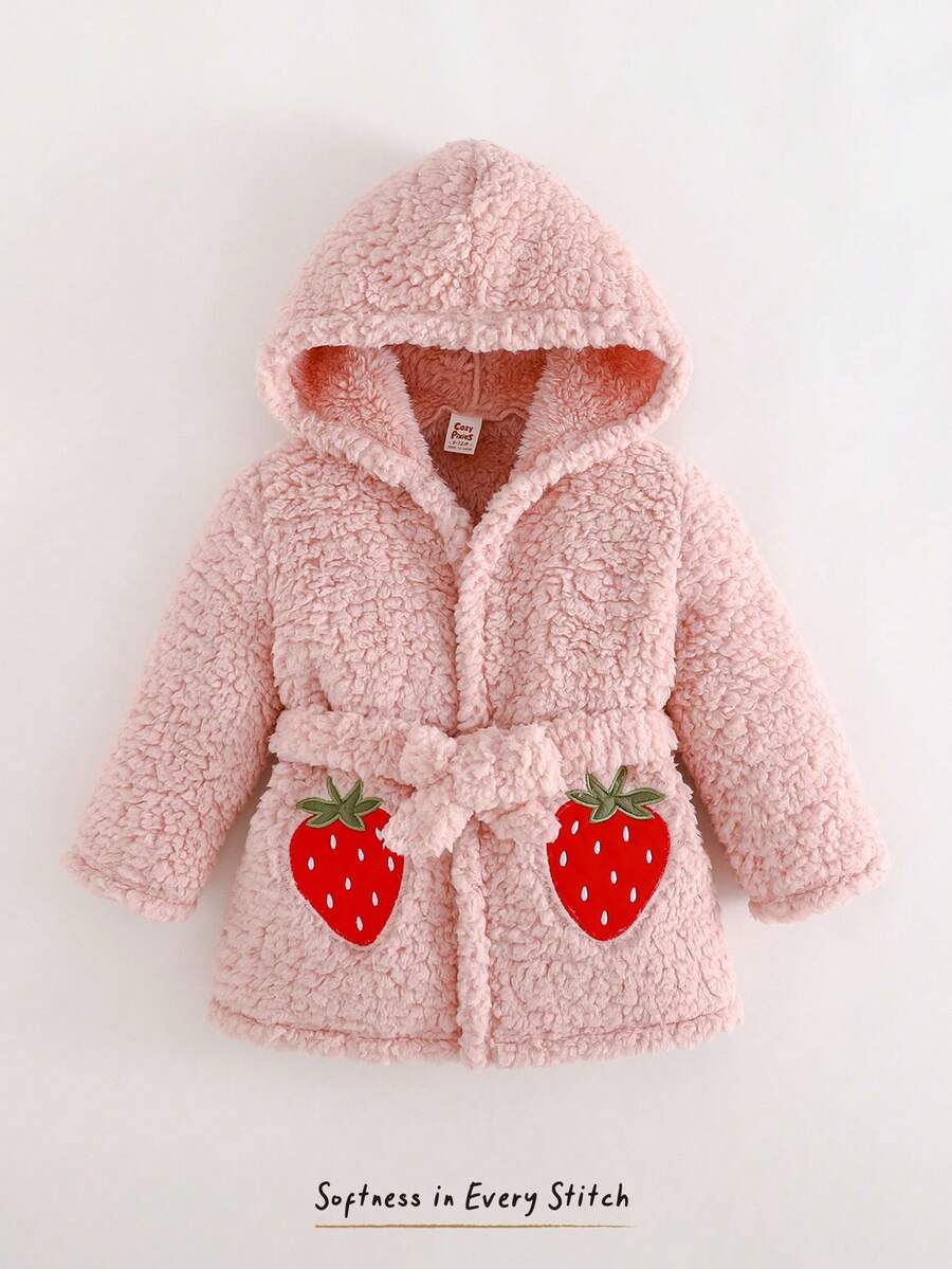 Cozy Pixies Baby Girl Thickened Knitted Strawberry Pattern Hooded Long Sleeve Tie-Waist Robe Fall Winter - Pink - View 1