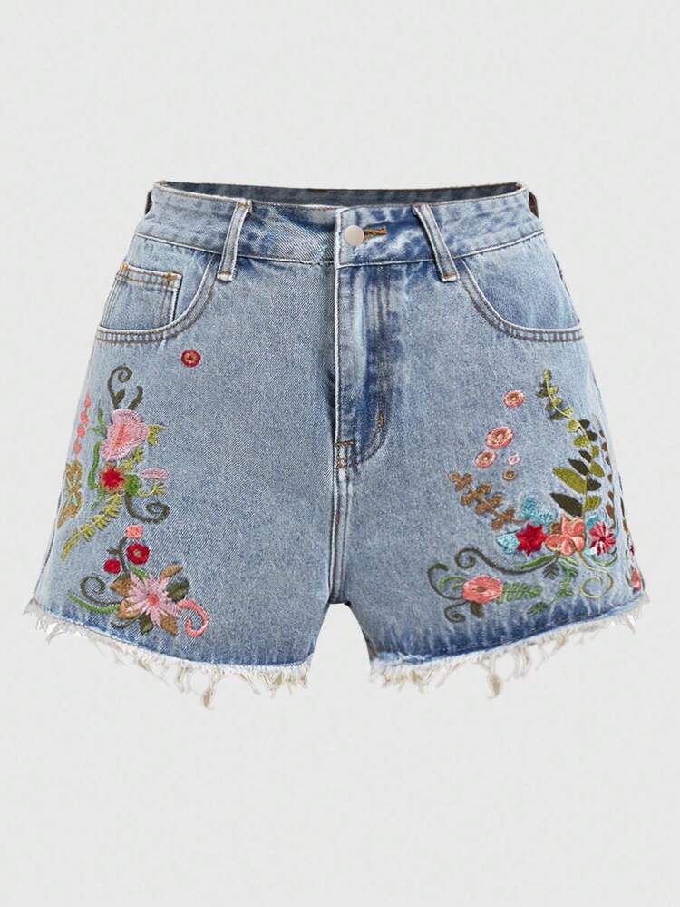 ROMWE Fairycore Women's Floral Embroidery Frayed Hem Denim Shorts, School - Baby Blue - View 4