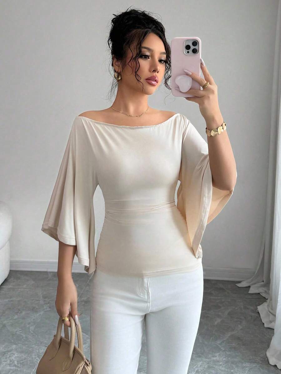 Selianne Camiseta elegante de mujer con cuello de barco y manga acampanada de punto - Albaricoque - Ver 1