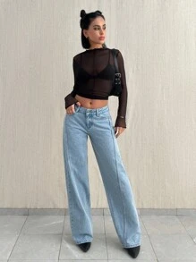 EURMUSE LOW WAIST SEAM DETAILED LOOSE STRAIGHT LEG JEAN - Light Wash - View 5