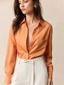 BizChic Áo cánh satin sang trọng dài tay hở ve cam phía trước dành cho nữ, trang phục công sở đơn giản, thanh lịch, tối giản, thích hợp mặc đi làm, đồng phục giáo viên, khách dự tiệc cưới, hòa nhạc - Nhiều màu - Xem 6