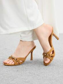 CUCCOO BIZCHIC Sandale damă maro cu toc înalt, din piele întoarsă artificială, cu cataramă aurie și decor, la modă, confortabile, cu vârful rotund