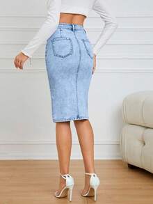 SHEIN Privé 夏季休闲水洗开衩修身牛仔迷你裙 - 淺色水洗藍 - 查看 2