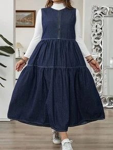 SHEIN CURVE+ 大码女式休闲宽松无袖牛仔连衣裙 - 藍色 - 查看 9