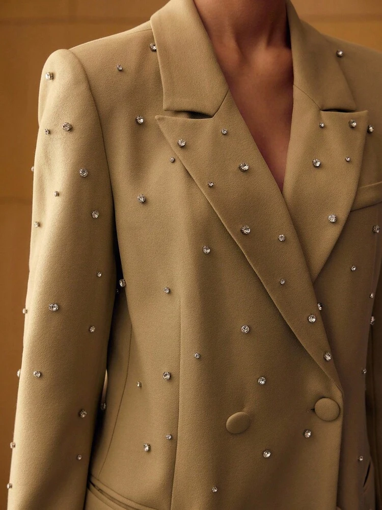 RHINESTONE DETAIL DOUBLE BREASTED LIGHTWEIGHT BLAZER