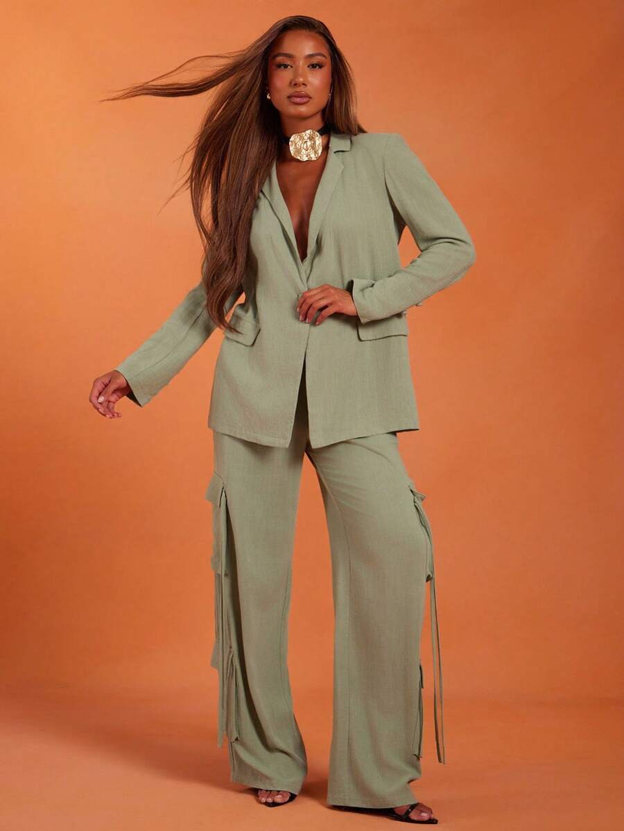 NYA SZN 上衣长袖纽扣领西装外套深 V 领多口袋早午餐特殊场合婚礼宾客新娘派对度假春夏亚麻女装 - 綠色 - 查看 1