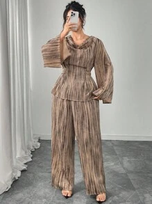 Modelyn 大码女式垂坠领收腰长袖优雅两件套 - 卡其色 - 查看 7