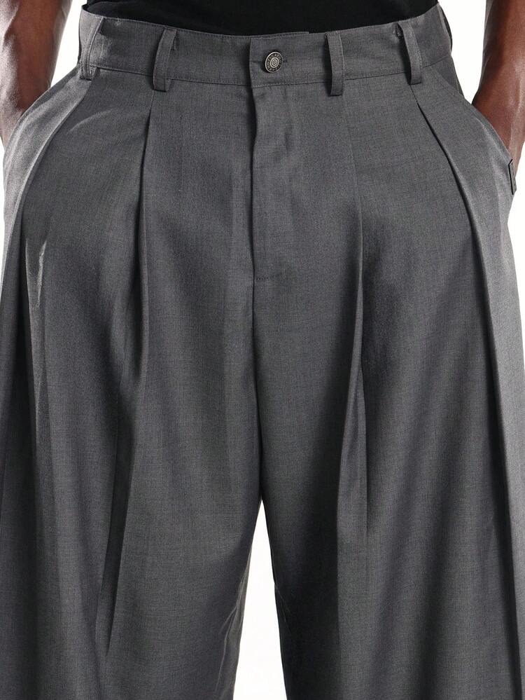 Wide Leg Pleated Twill Trousers With Side Pockets