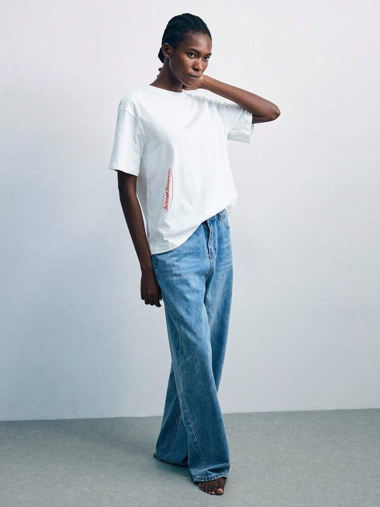 SHEIN X ArenalSound SHEIN Maija Damska luźna, uliczna koszulka w stylu street style z nadrukiem liter i lodów, luźna na ramionach, letnia, oversize'owa koszulka damska, oversize'owa koszulka z grafiką, bawełniana koszulka damska, letnia koszulka damska na festiwal rave