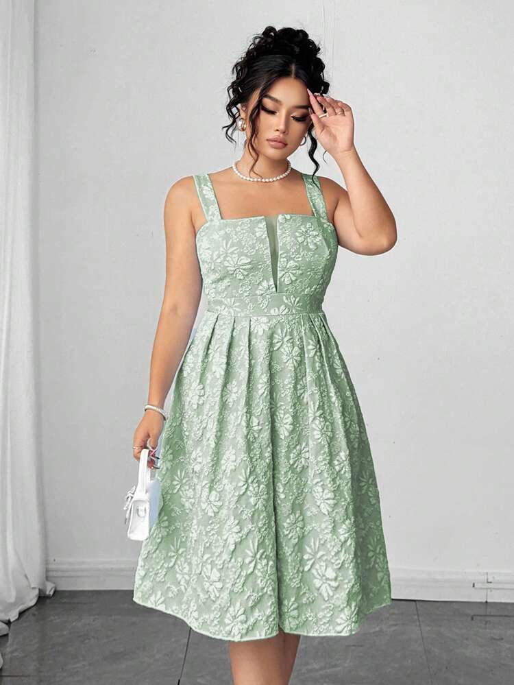 Elenzga Plus Size Women V-Neck Jacquard Textured Fabric Waist Design Casual Vacation Style Camisole Dress - Green - View 5