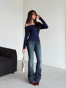 SHEIN 少女纯色针织露肩长袖修身休闲上衣 - 藏蓝色 - 查看 4