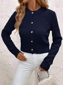 SHEIN Clasi Women's Long Sleeve Single-Breasted Casual Short Hollow-Out Knitted Cardigan In Fall/Winter