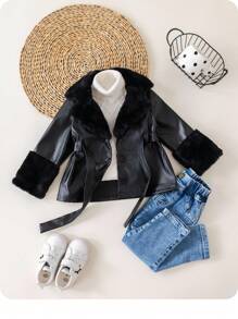 TaviRue Mommy And Me Matching Outfits(2 Pieces Are Sold Separately)Babygirl Cute Black PU Leather Jacket With Fleece Collar, Back To School,Autumn/Winter Fall - Black - View 11