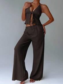 FavEase Women's Sexy Textured Pleated Halter Camisole And Wide Leg Loose Pants Set, Summer - Brown - View 6