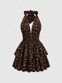 Sweetra Sexy Leopard Print Backless Halter Neck Summer Dress - Brown - View 1