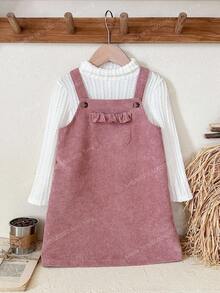 LMoss Kids 2pcs/Set Young Girl Solid Color Knit Stand Collar T-Shirt And Woven Suspender Dress - Multicolor - View 5