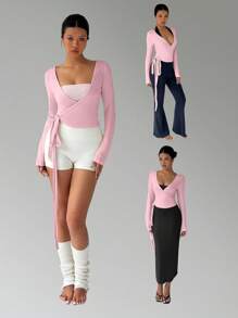 FavEase 粉色瑜伽健身运动夹克，超弹柔软裹身 V 领长袖短款 T 恤，时尚简约休闲优雅百搭衣橱必备设计，适合女性，春秋季 - 粉色 - 查看 7