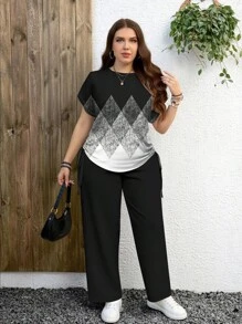 EMERY ROSE 2 件套休闲简约菱形渐变黑白印花加大码套装，适合夏季 - 彩色 - 查看 6