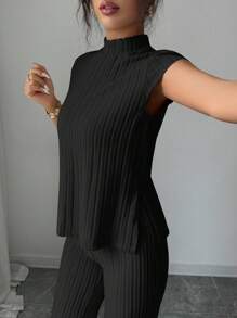 Elenzga 2pcs Casual Solid Color Ribbed Side Slit Top And Pants Set - Black - View 7