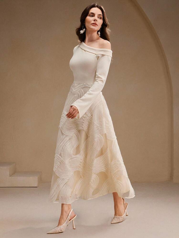 エレガントな肩カットアウト 刺繍ニットパッチワークAラインドレス、バンケット、パーティーに適しています