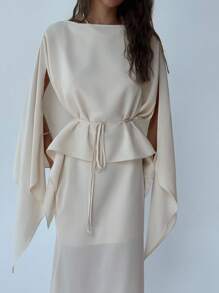 Aloruh 杏色优雅休闲装：不对称下摆收腰斗篷上衣+长腰裙 - 杏色 - 查看 7