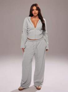Rustia Plus Size Casual 2 Pieces Set: Long Sleeve Zip-Up Hoodie And Drawstring Pants Fall Cloth For Women CASUAL - Light Grey - View 1