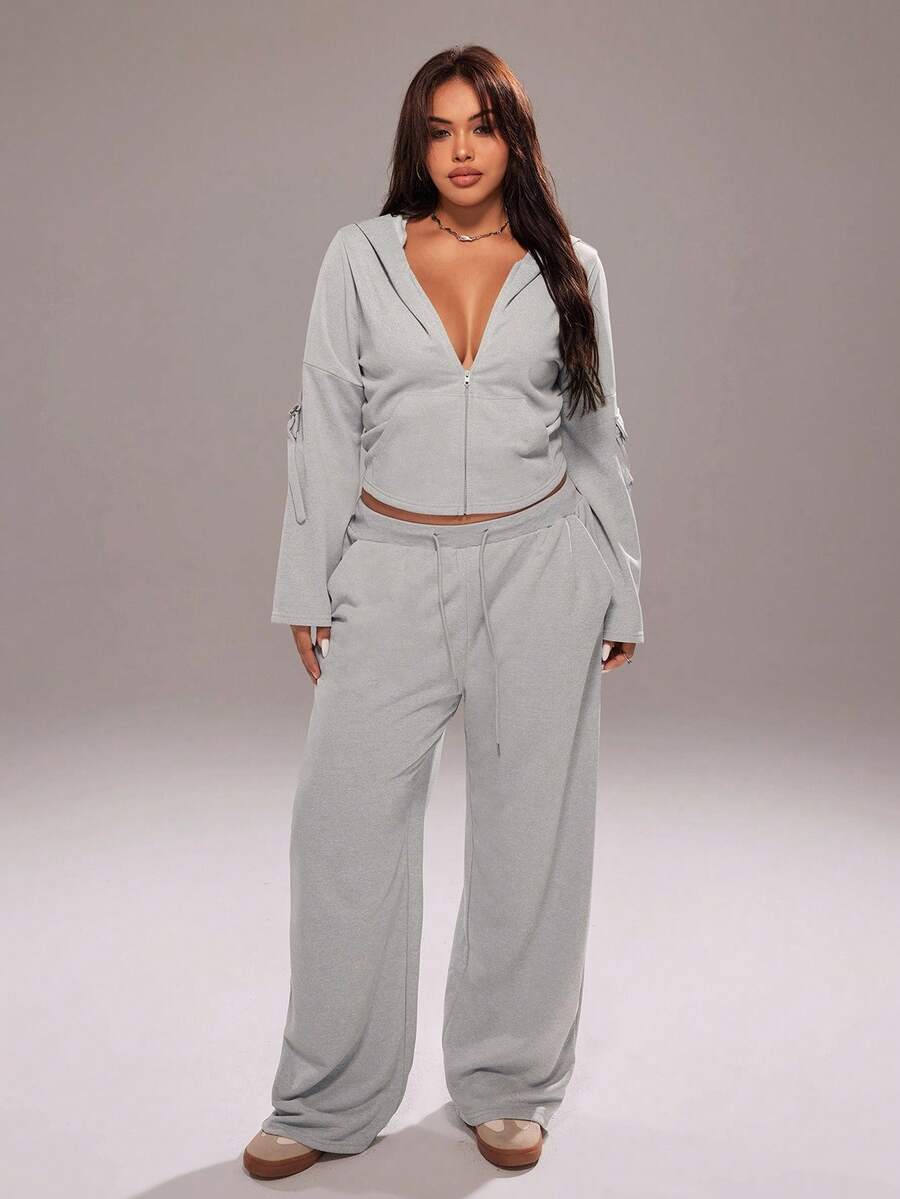 Rustia Plus Size Casual 2 Pieces Set: Long Sleeve Zip-Up Hoodie And Drawstring Pants Fall Cloth For Women CASUAL - Light Grey - View 1