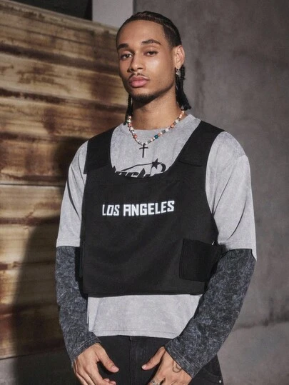 PAVTROS Manfinity Streetrush Men's INS Casual Streetwear Solid Color Printed Vest, Men Los Angeles Top