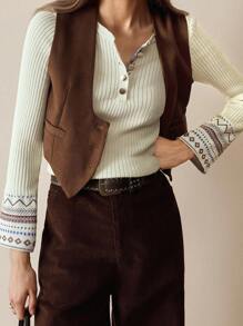 Florisole Women's Buttoned Knit Top, Autumn/Winter Bohemian Fair Isle Pattern Slim Fit Pullover Sweater, Bohemian Style - Apricot - View 3