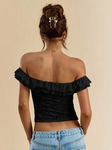 SHEIN BAE Women's White Textured Knit Open Shoulder Double Ruffle Front Twist Bodycon Top, White Blouse, Summer Top Black Tops,Valentine's Day,Valentine Outfits For Women - Black - View 2