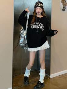 DAZY 女士圆领休闲韩版风格艺术字母撞色长袖毛衣秋季