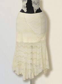 SHEIN ICON Conjunto de verano y primavera para mujer con falda asimétrica de cintura baja con volantes y top halter de cuello anudado de encaje jacquard texturizado en estilo bohemio retro y sexy en color albaricoque - Albaricoque - Ver 4