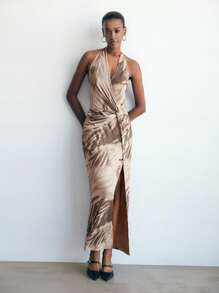 Maija 女式扎染印花扭腰露背连衣裙 - 棕色 - 查看 2