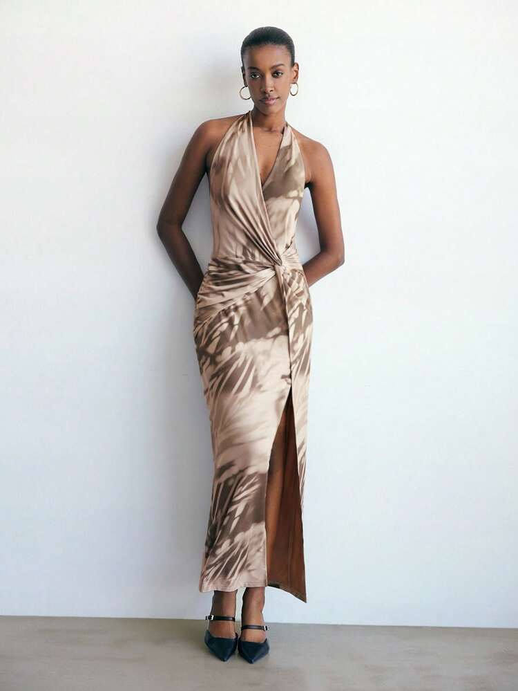 SHEIN Maija Women's Tie Dye Print Twist Waist Design Backless Dress,Vacation Outfits