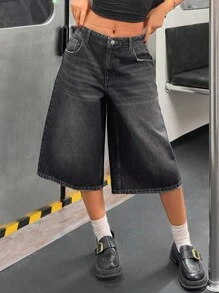 CasuGlow Women's Pocketed Wide Leg Loose Casual Versatile Denim Shorts - Black - View 7