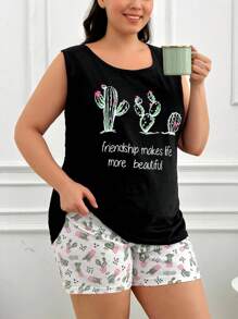 RueChic Cotton Cottnline Cactus And Slogan Graphic Pajama Set - Black - View 3