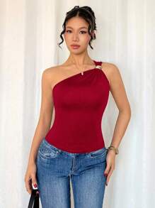 Rafferiza 女式黑色性感金属褶皱无袖紧身衣 - 紅色 - 查看 5