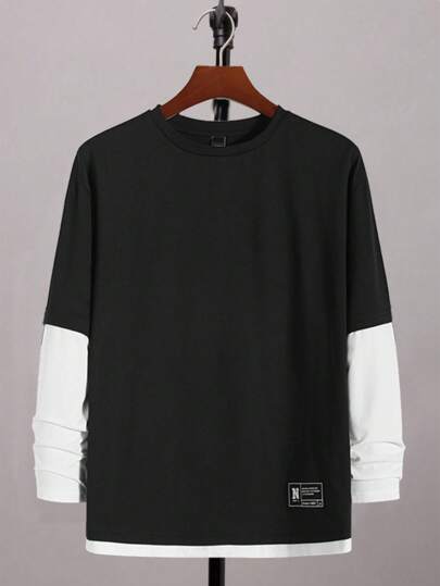 SHEIN Teen Boys' Basic Back To School Black & White Contrast Color Block Casual T-Shirt, Comfortable, Fashionable, Versatile, Soft Fabric, Suitable For Daily Wear, School, Travel, Outdoor Sports, Back To School, Autumn/Winter Long Sleeve Tee Winter Clothes Fall Boys Long Sleeve Top Teen Boys Shirt