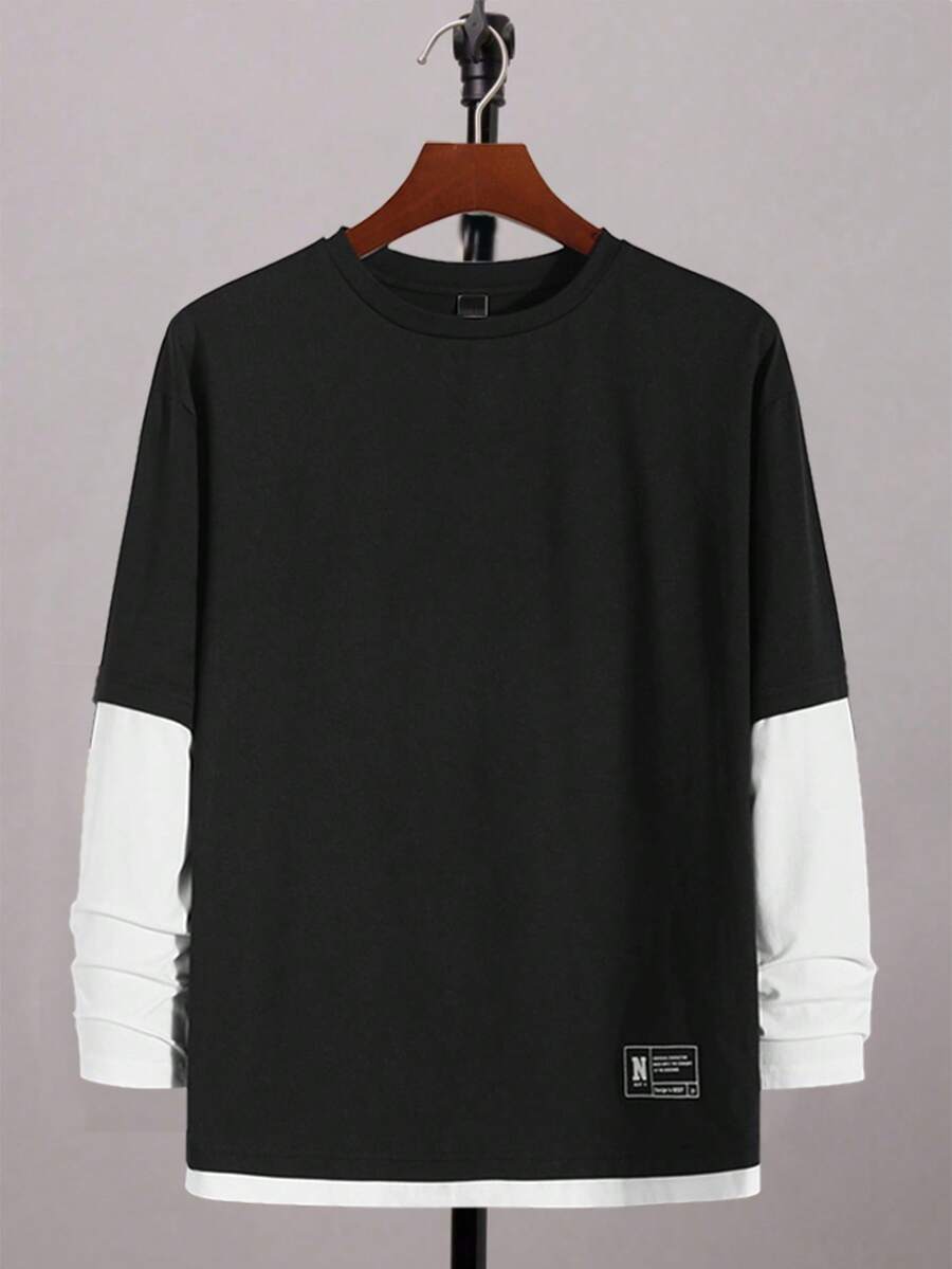 SHEIN Teen Boys' Basic Back To School Black & White Contrast Color Block Casual T-Shirt, Comfortable, Fashionable, Versatile, Soft Fabric, Suitable For Daily Wear, School, Travel, Outdoor Sports, Back To School, Autumn/Winter Long Sleeve Tee Winter Clothes Fall Boys Long Sleeve Top Teen Boys Shirt