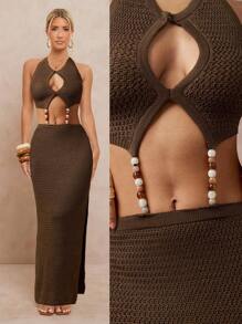 Lumalex Herbst, Feiertagsparty, Old-Money-Outfit, Rave, Festival, Ausflug, Schwimmen, Urlaub, Bohemian, BOHO, heiß, Outdoor, reich geschichtet, Hochzeitssaison, Bankett, Zeremonie zum Erwachsenwerden, Strand, Meer, Perlenbesetztes V-Ausschnitt, kurzes, enges, gerades Maxi-Pulloverkleid für Damen