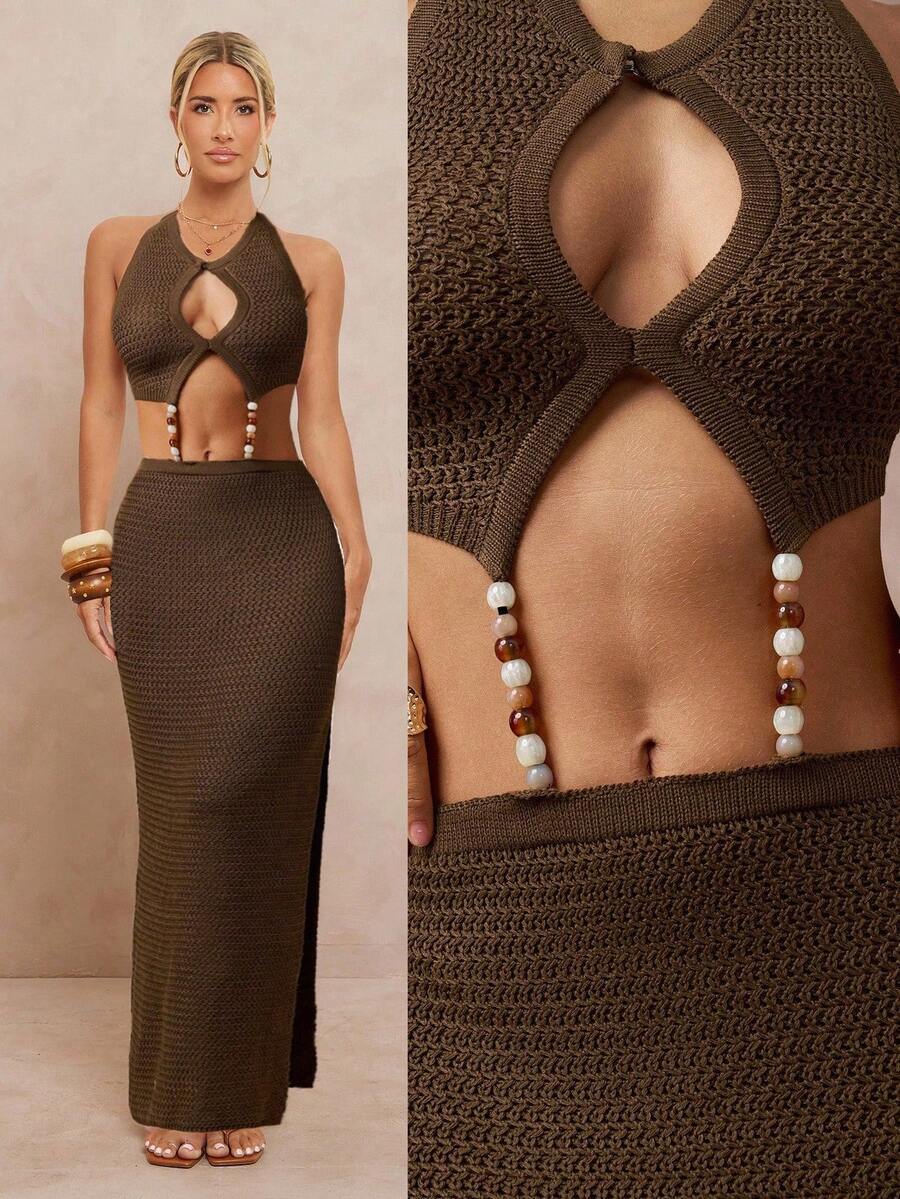 Lumalex Herbst, Feiertagsparty, Old-Money-Outfit, Rave, Festival, Ausflug, Schwimmen, Urlaub, Bohemian, BOHO, heiß, Outdoor, reich geschichtet, Hochzeitssaison, Bankett, Zeremonie zum Erwachsenwerden, Strand, Meer, Perlenbesetztes V-Ausschnitt, kurzes, enges, gerades Maxi-Pulloverkleid für Damen