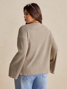 Elaquor 大码女式金属花单排扣长袖宽松休闲夹克 - 駝色 - 查看 2