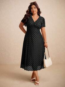 Elaquor Váy maxi chấm bi cổ chữ V xoắn lãng mạn tối giản cổ điển cỡ lớn dành cho nữ, mùa hè - màu đen - Xem 4