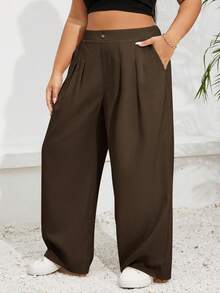 SHEIN Essnce 大码女式灰色米色宽松休闲简约阔腿裤，时尚百搭，春夏秋冬 - 摩卡棕 - 查看 3